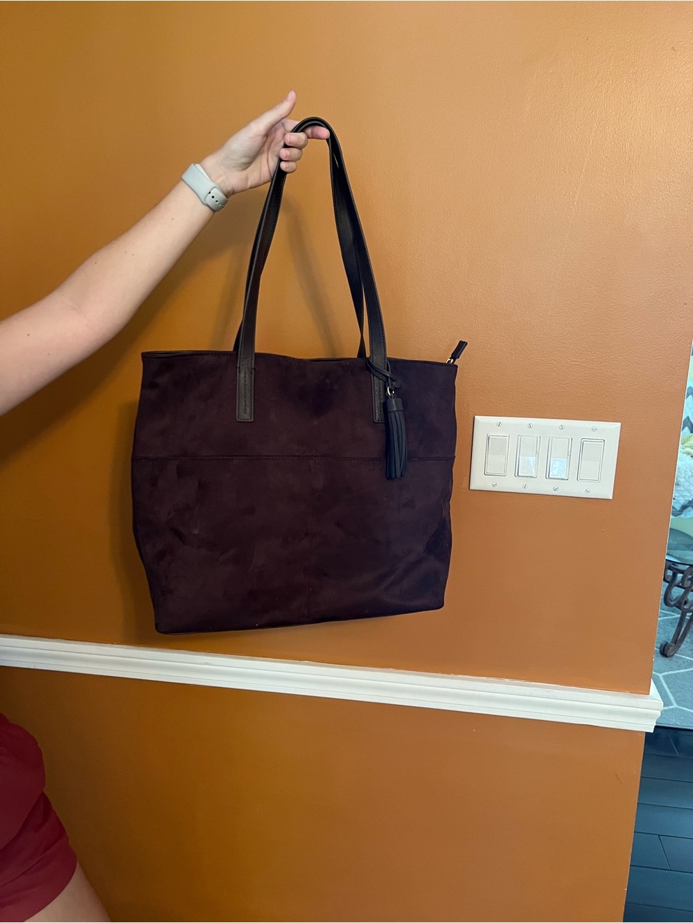 Sonoma Plum Suede Tote with Black Handles